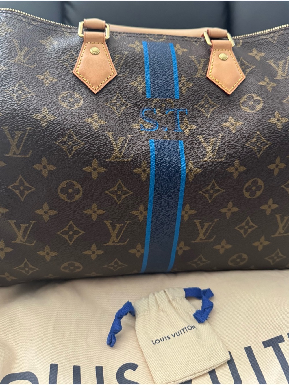 Louis Vuitton Brown Monogram Tote with Blue Racing Stripe
